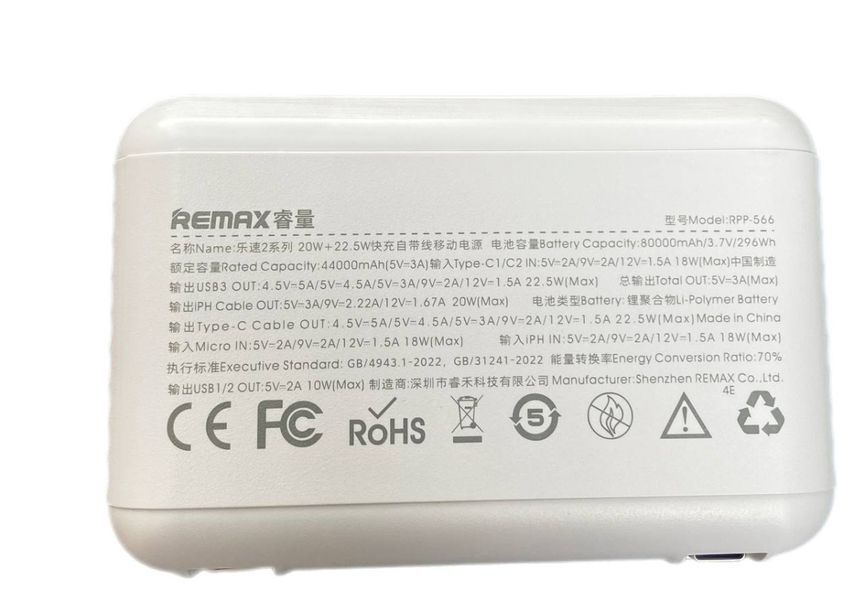 Зарядное устройство Павербанк автономный Remax RPP-566 Lesu II Series PD20W+QC22.5W Cabled Fast Charging 80000 mAh Белый Remax_RPP-566 фото